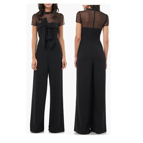 Sophisticated Black Short Sleeve and Mesh Jumpsuit with Bow Detail- size 16 - Picture 1 of 8